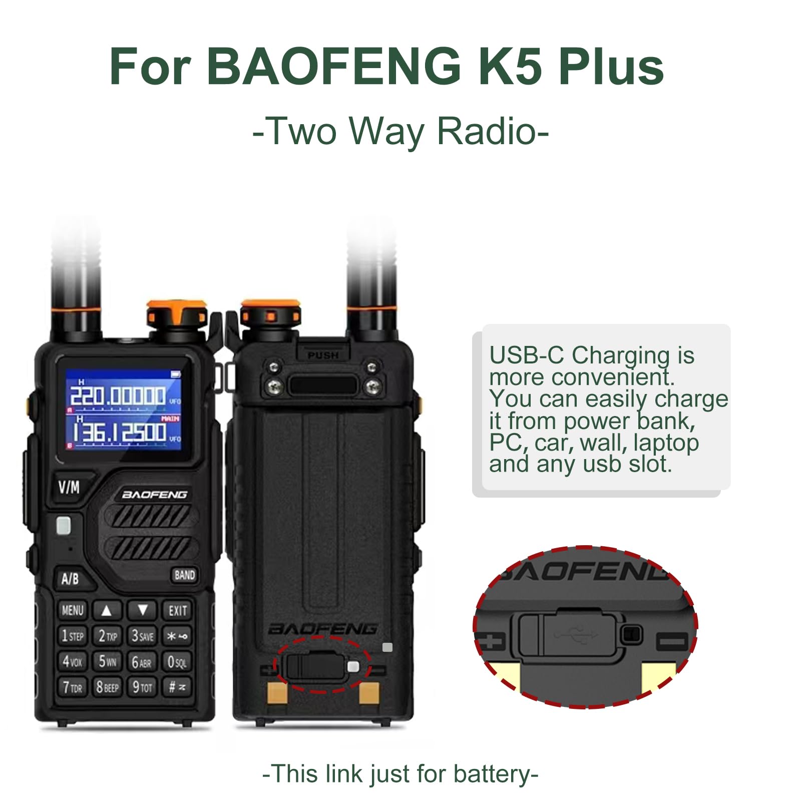 Batteria Estesa BAOFENG BL-5L Con Ricarica USB-C – Compatibile Con UV-5R, UV-5G, GT-5R (nero)