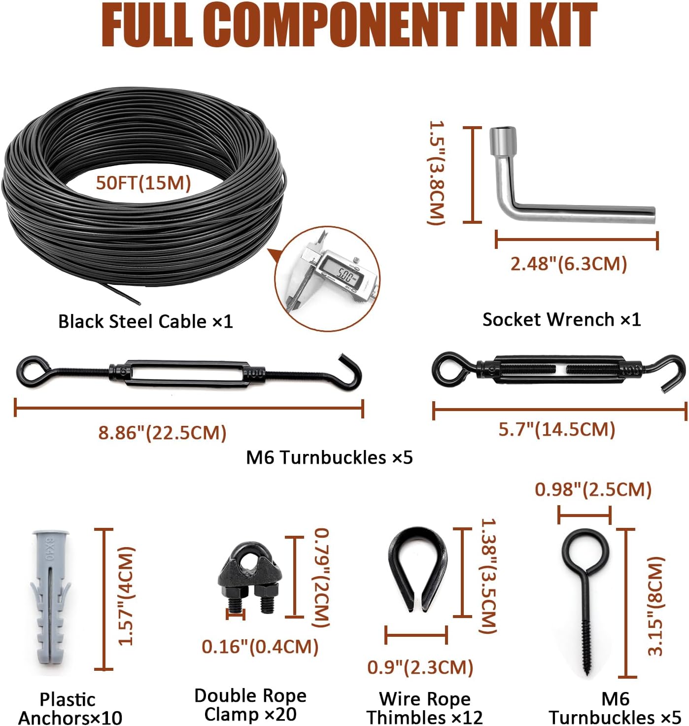 String Light Hanging Kit Outdoor, Globe String Lights Suspension Kit w/ 3/16"×50FT Black PVC Coated Steel Cable & Enough Accessories, Guide Wire for String Lights, Patio Lights, Camping Light