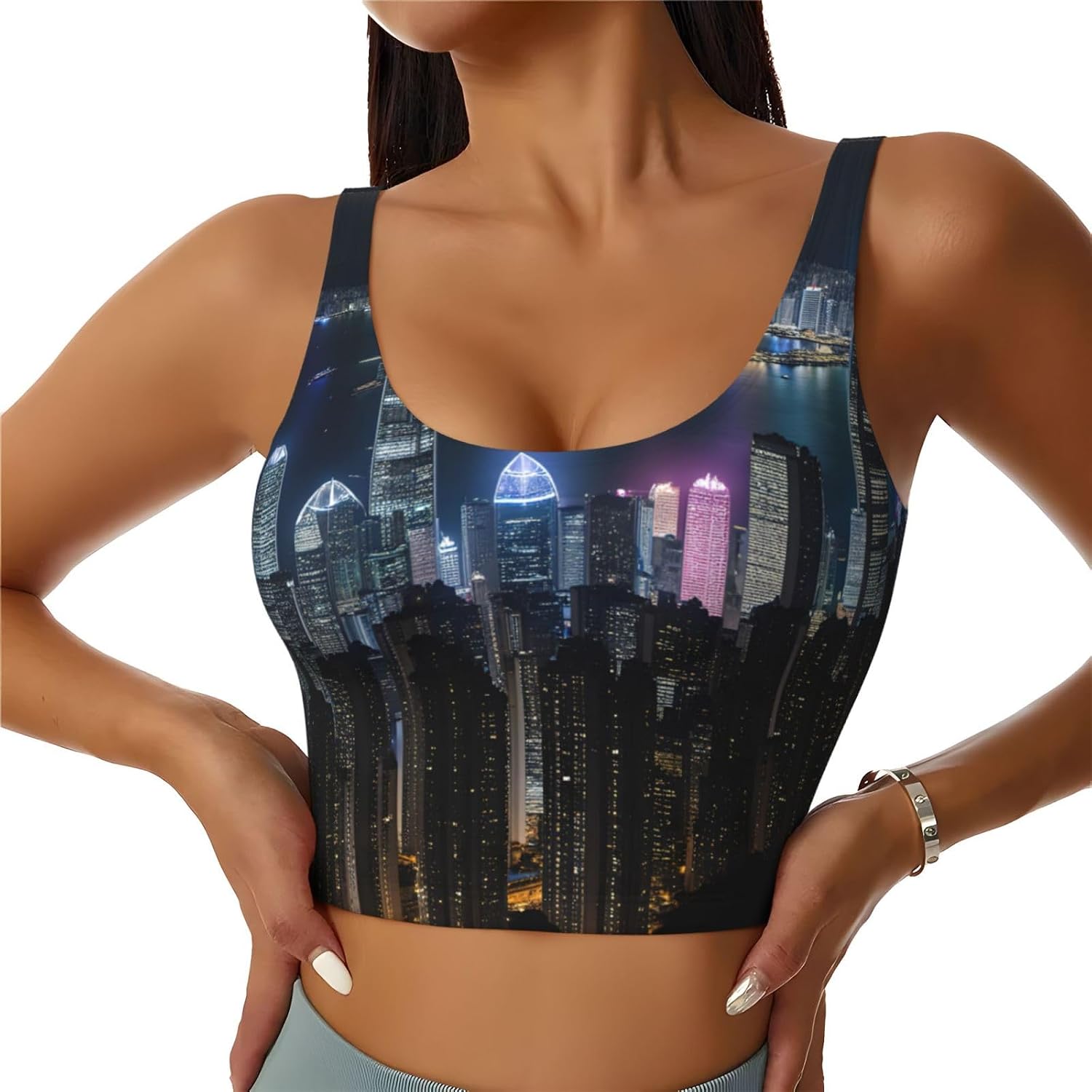 Aerial Night Of View Hong Kong Print Women'S Sports Bra Tank Tops,Longline Sports Bras For Yoga,Workout And Running