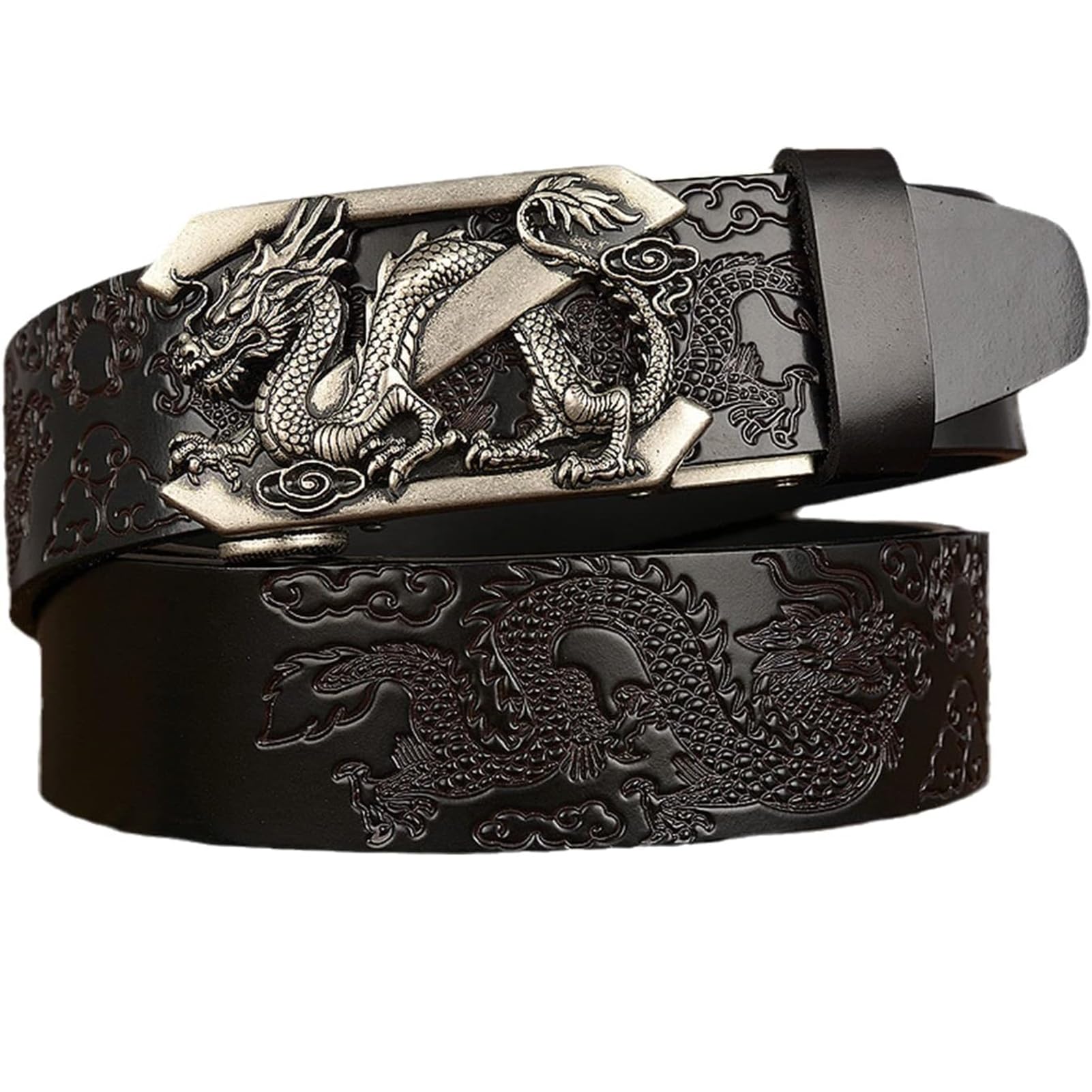 BDAYEK Men's Belt Genuine Leather Belt With Engraved Automatic Dragon 3D Buckle For Men Women Casual Trouser Black(Black,125Cm/49)