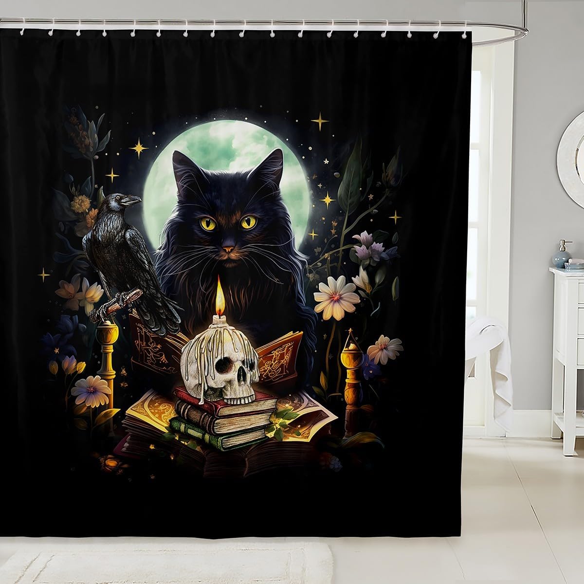 Cartoon Cat Shower Curtain Colorful Flower Leaves Botanical Garden Bathroom Curtain Kids Girls Adult Room Decor,Bright Star Night Waterproof Curtain Orange Blue Black Trippy Bath Curtain,12 Hooks