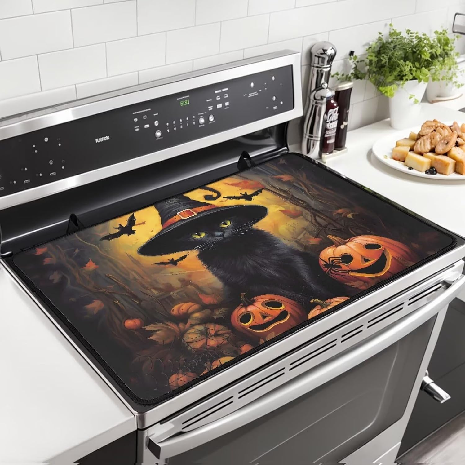 Halloween Glasstop Stove Covers Black Cat Pumpkin Design Heat Resistant Protector Pad Non-Slip Rubber Mat Washable 29"x20.9" Spooky Seasonal Use