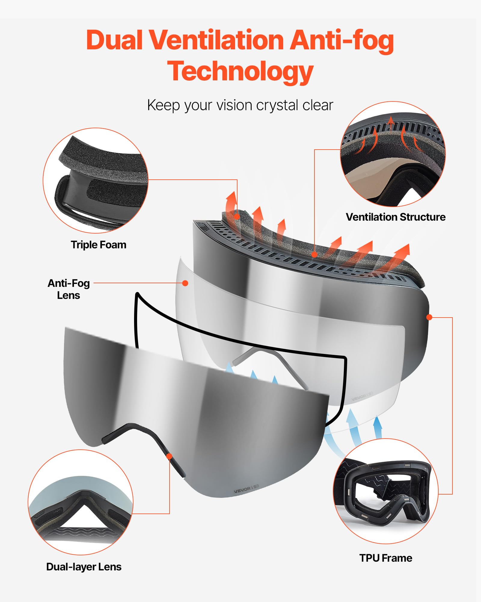 VEVOR Occhiali da Sci Maschera da Sci Revo Rivestimento Argentato, Montatura OTG, 0,28kg, Occhiali da Snowboard, Lenti Cilindriche Magnetiche, Antiappannamento, per Motocross da Neve
