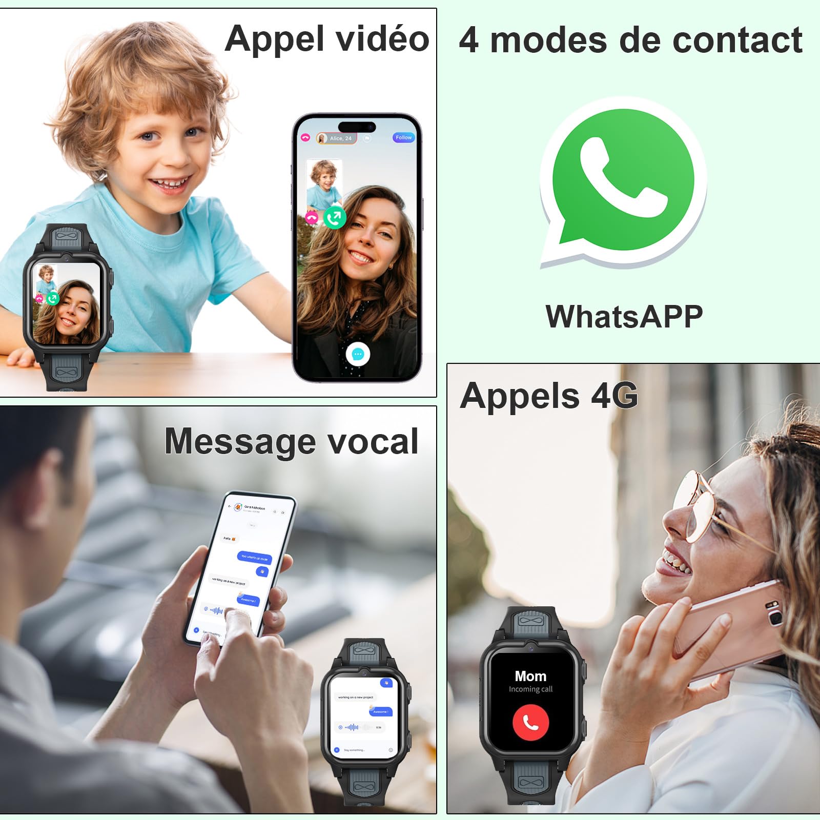 Montre Connectée Intelligente Enfant avec 4G WiFi GPS Téléphone Contrôle Parental Étanche Appels Vidéo SMS SOS Mode Cours Rejet Appels Inconnus Appareil Photo Réveil Musique pour Garçon Fille (Noir)