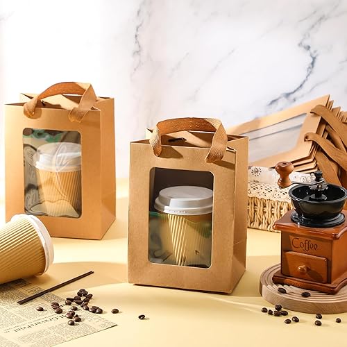 Miniatura 3 de Harloon 48 bolsas de regalo de papel de Navidad con ventana transparente transparente de 7.9 x 5.9 x 3.9 pulgadas, bolsas de papel kraft con asas