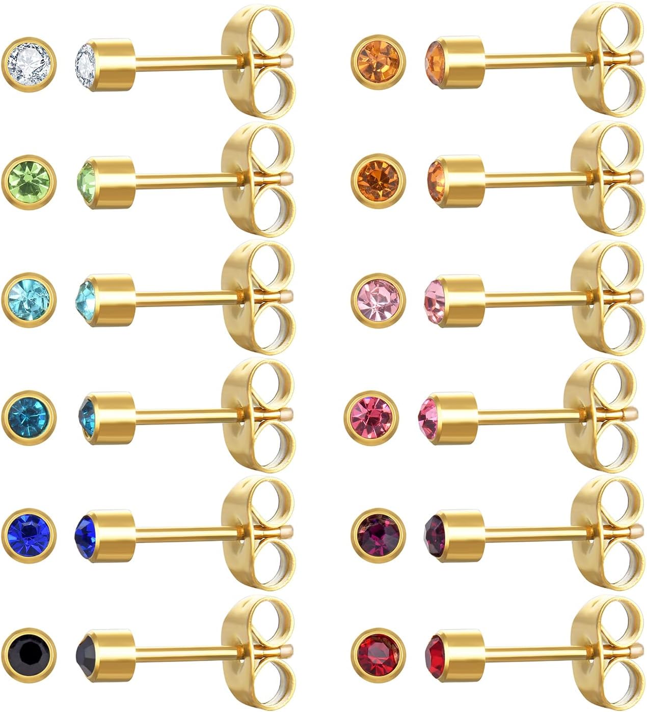 12 Pairs Surgical Stainless Steel Cubic Zirconia Birthstone Stud Earrings Heart Star Round Multicolors Stud Earrings Set for Women