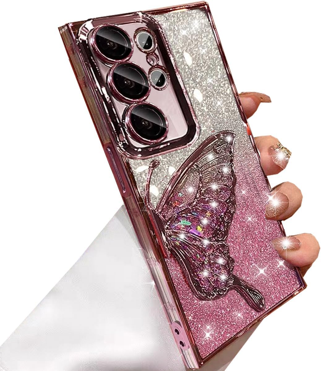 for Samsung Galaxy S25 Ultra Glitter 3D Butterfly Case,Cute Luxury Bling Sparkle Liquid Flowing Case with Camera Lens Protector Plating Bumper Women Girls Case for Galaxy S25 Ultra 6.9", Pink