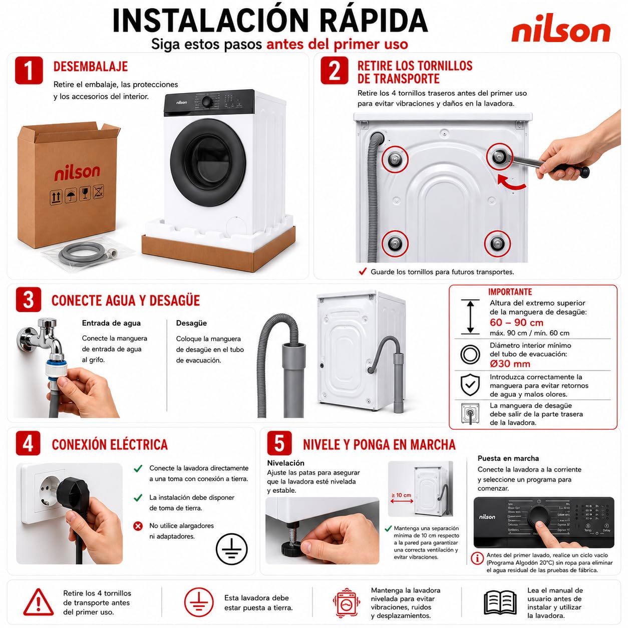 Nilson Lavadora 8Kg Carga Frontal Inox NL8200AIDVBX. 1200 rpm, Motor Inverter, 15 Programas, Eco-logic System, Tambor Acero Inoxidable, Clase de Eficiencia Energética A