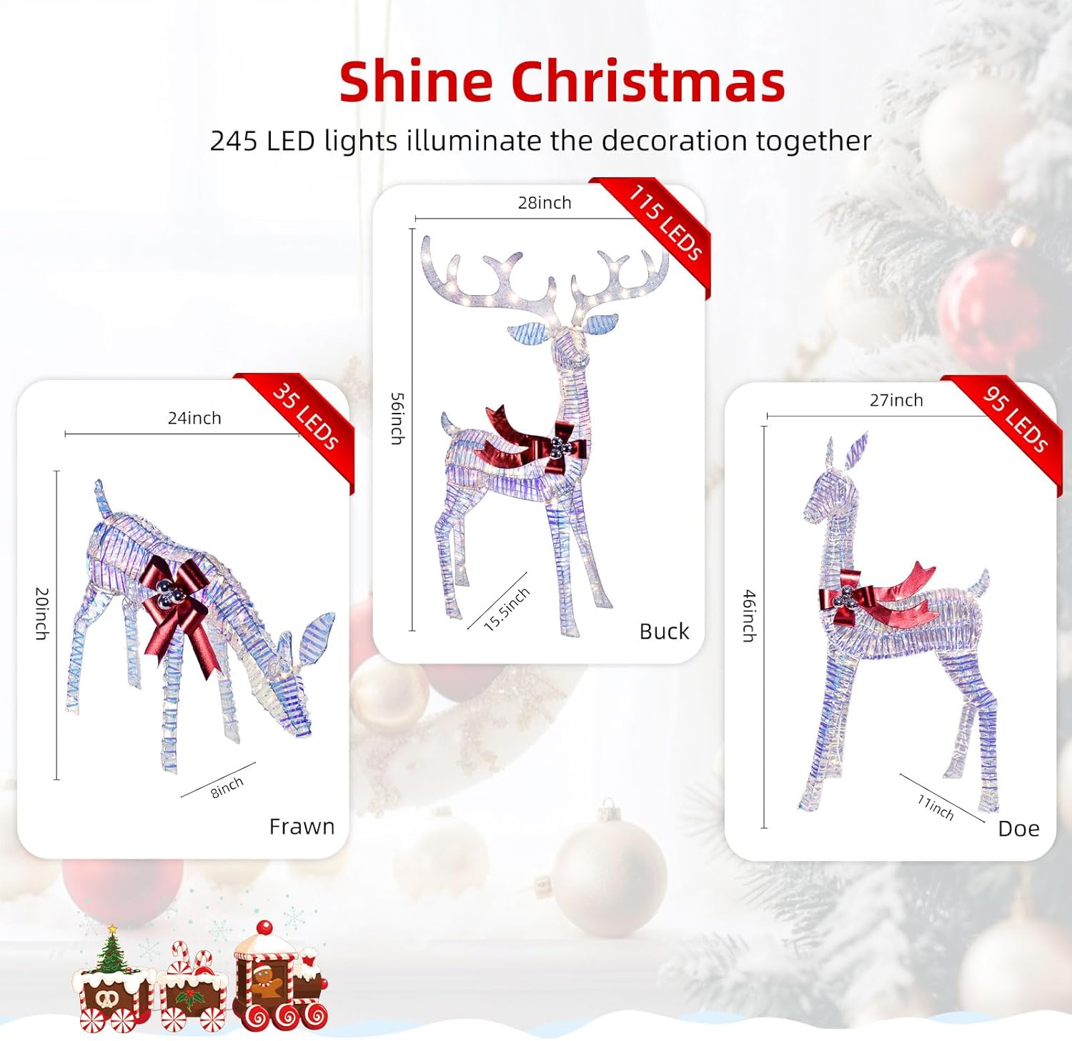 Christmas Decorations Outdoors Reindeer Family - Light up Christmas Decor Iridescent Deer 3 Piece with LED Lights, Extension Cord, Ground Stakes, for Outdoor Front Yard Porch - Iridescent