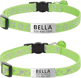 LaReine 2 Pack Cat Collar Personalized, Breakaway Kitten Collar with Phone and Name tag, Cat Collars Reflective with Bell for Girls & Boys (7.5