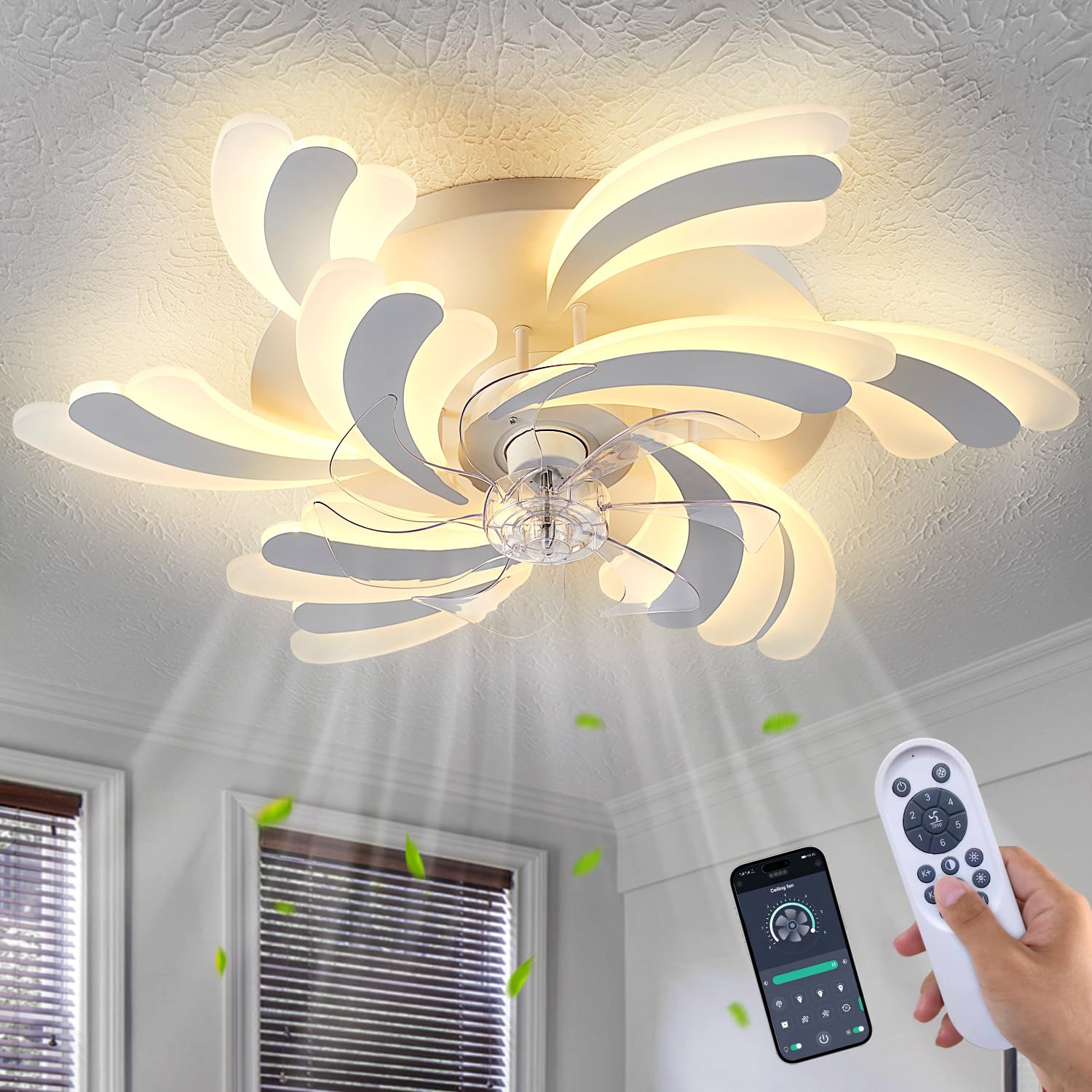 Modern Spiral Ceiling Fan with Light and Remote, Flush Mount LED Fandelier with 3-Color Dimmable Lighting & 6-Speed Silent Motor, Smart APP Control for Bedroom, Living Room, Kitchen - White