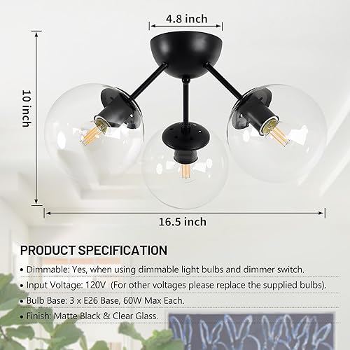 Miniatura 10 de Lámpara de techo semiempotrada moderna de mediados de siglo, 3 luces de cristal transparente, lámpara de techo moderna de globo dorado de latón