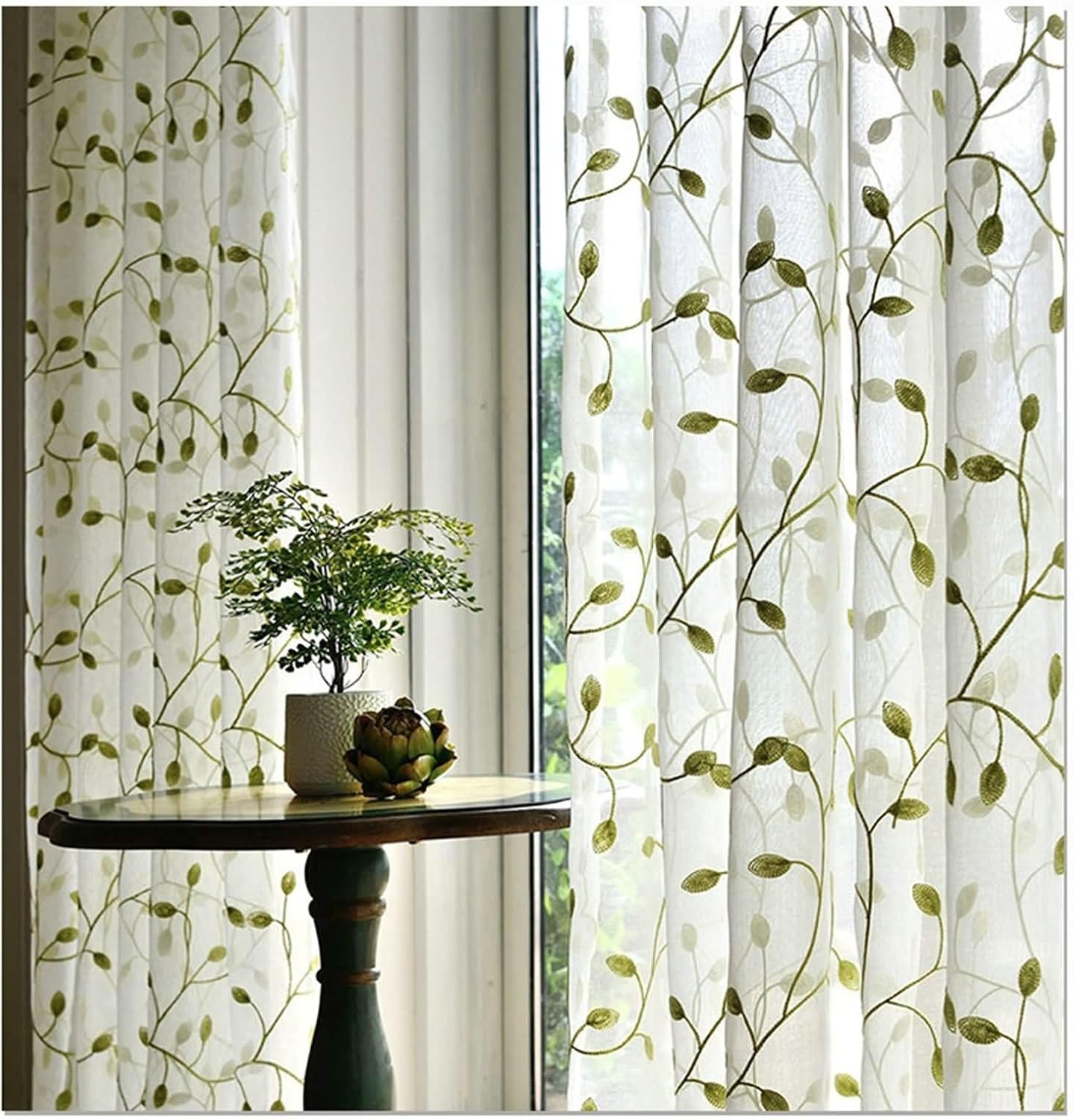 52 x 63 Semi Sheer Curtains with Grommets, Linen Green and White Window Curtain Panels for Living Room 2 Panel Set Window Sheer Curtains