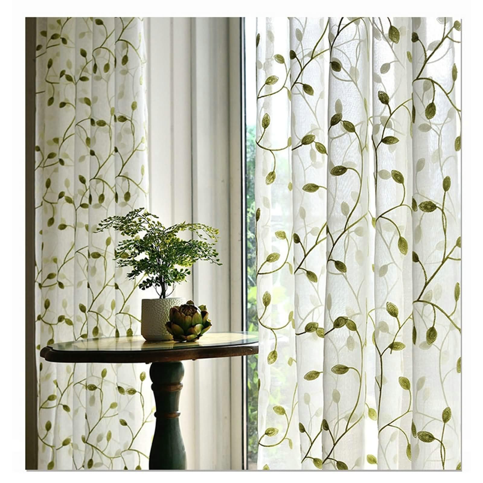 Fenster Transparent Vorhang 244 cm Lang Blätter Bestickt, 2 Stück Leinen Gardinen Vorhänge Transparent mit Ösen Grün und Weiß, H244 x B132 cm