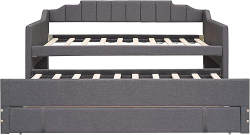 Miniatura 6 de Sofá cama tapizada de tamaño individual con nido y tres cajones para sofá cama gris y cama nido debajo de la cama gris