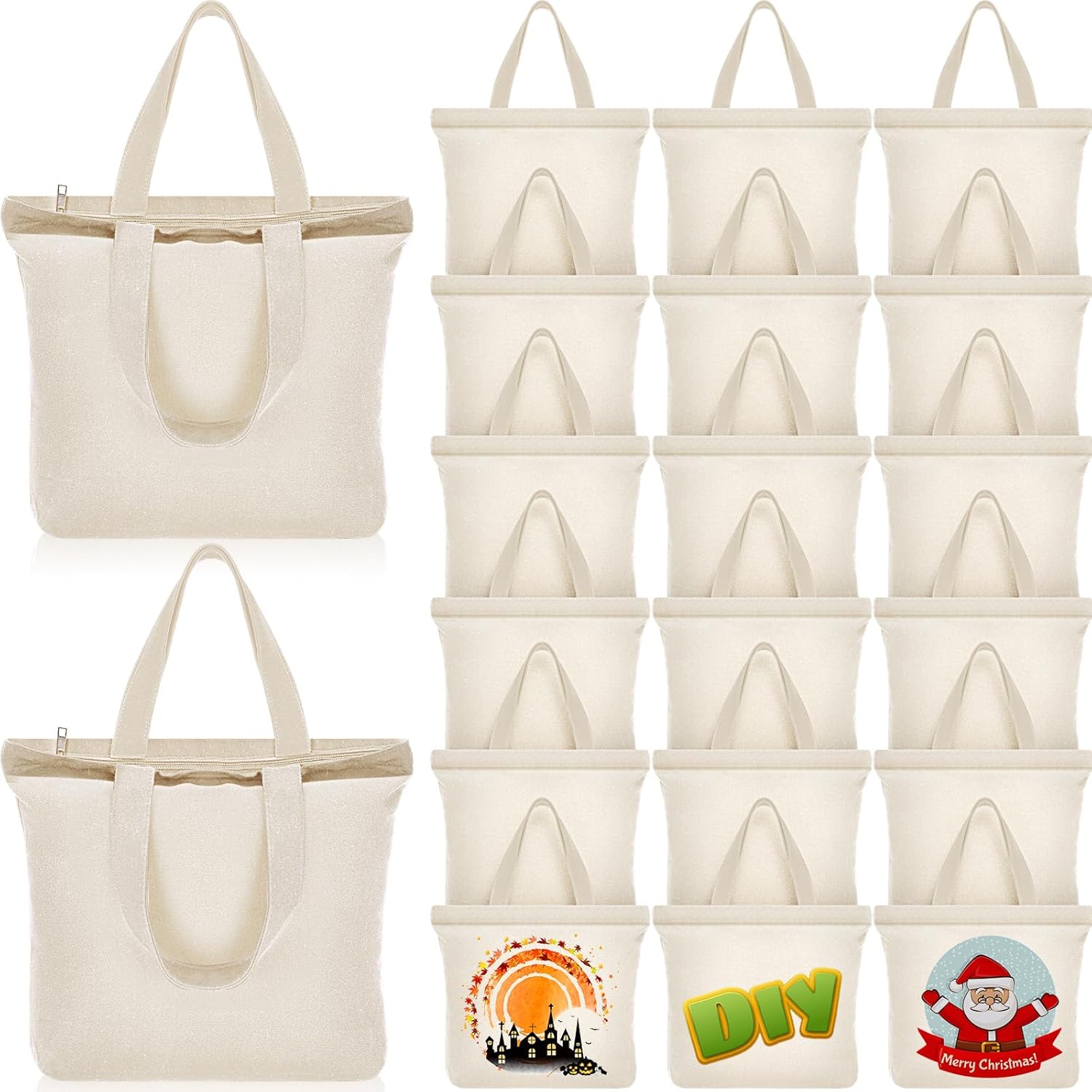 Silkfly 20 Pcs Canvas Tote Bags Bulk 16.5x13.4'' Blank Cotton Canvas Bag with Zipper Handles Reusable Plain Grocery Makeup Handbag for DIY (Beige)