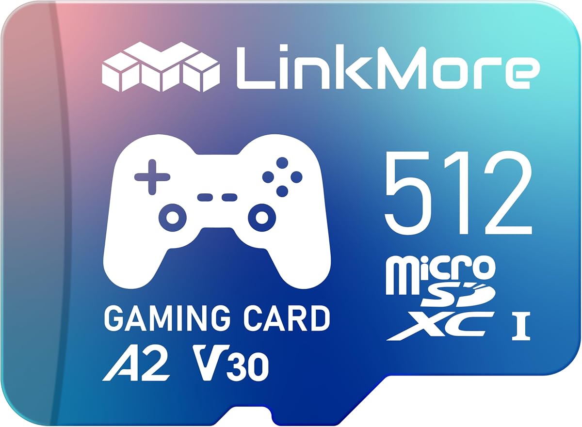 Tarjeta Micro SD para juegos LinkMore XV23 PRO de 512 GB, A2 U3 V30, hasta 160 MB/s | Más espacio para juegos descargables, actualizaciones, capturas de pantalla y vídeos capturados; hasta 160 MB/s de lectura y 120 MB/s de escritura.