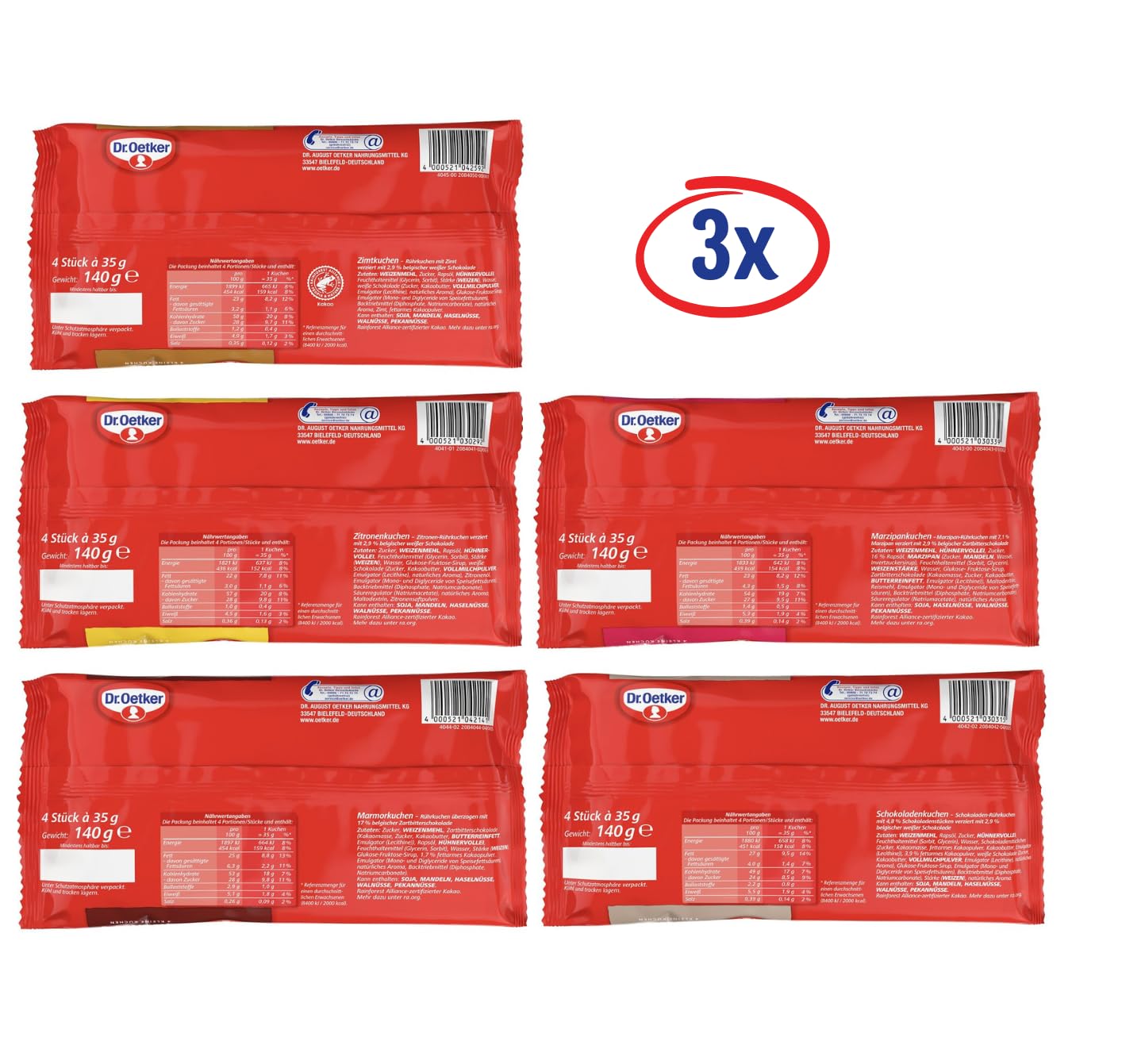 Dr. Oetker fertige kleine Kuchen im 15er Probier-Set – unsere Ein-Portion-Rührkuchen in den Sorten Marmor-, Marzipan-, Schokokuchen, Zitronenkuchen und Zimt sind ideal für zwischendurch