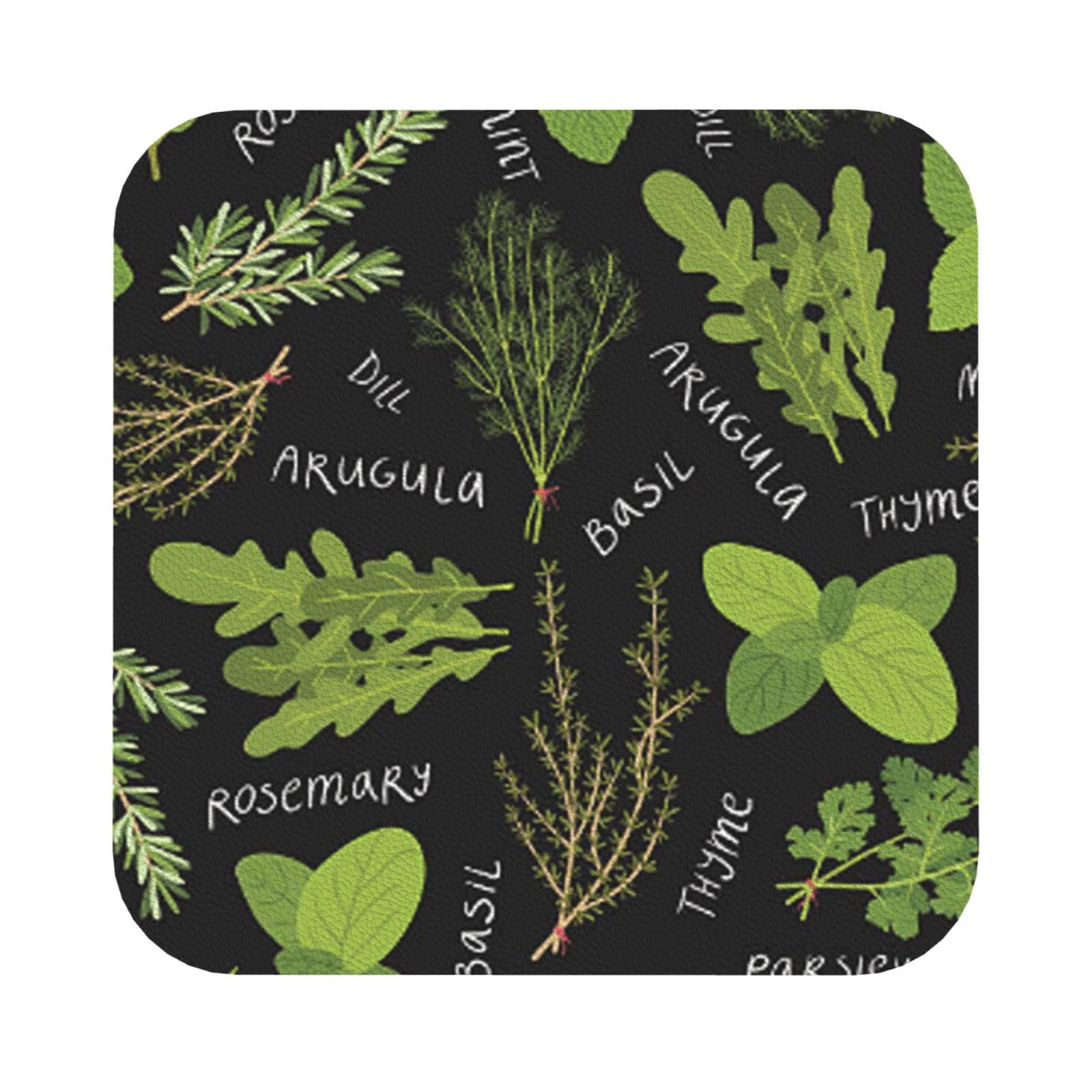 Basil Thyme Dill & Rosemary PU Leather Coasters Set of 6 Square Drink Coasters