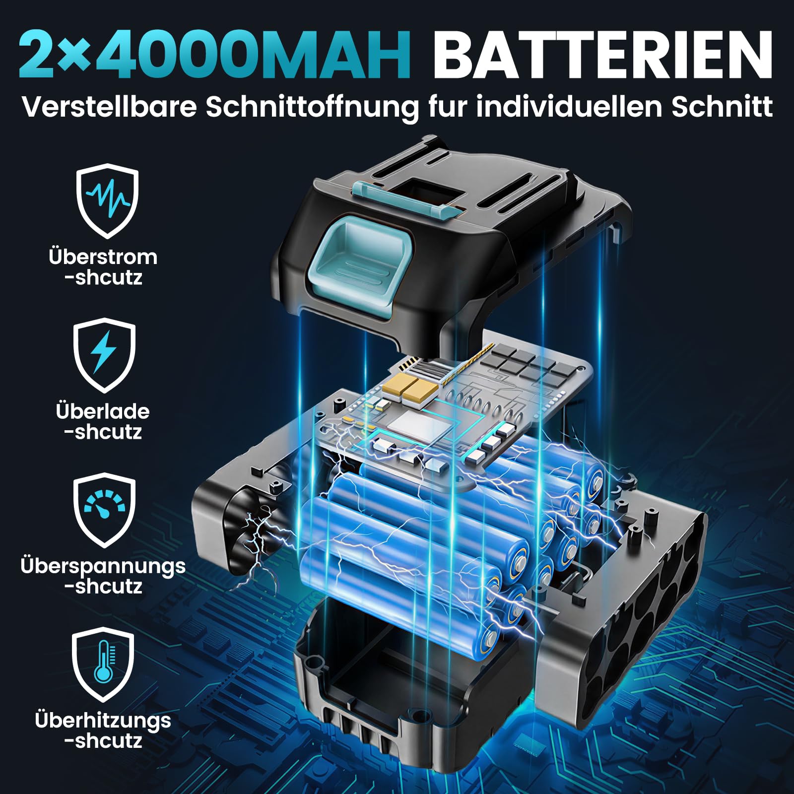 Potatore a batteria 4 in 1, compatibile con batteria Makita, mini motosega senza spazzole da 6 pollici e batteria da 40 mm, 2 x 4,0 Ah, portata massima fino a 4 m, per potatura di alberi da giardino