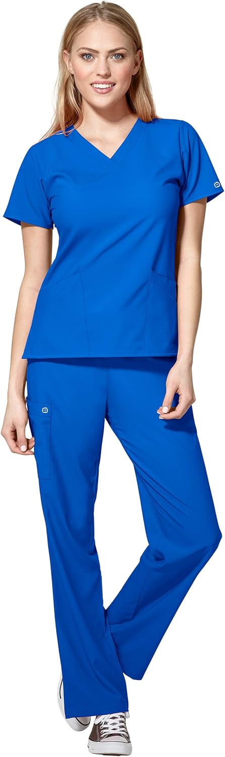 WonderWink W123 Women's Basic V-Neck Top & Drawstring Pant Scrub Set + Badge Reel