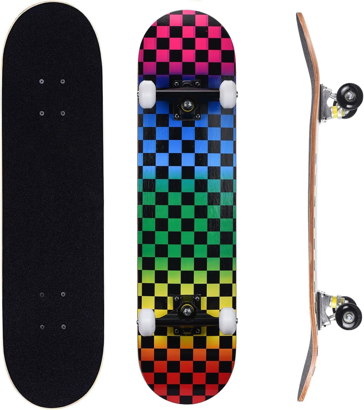 ERNAN Complete Skateboard for Beginners,31 x 8 Inch Double Kick Skateboard for Kids Teenagers & Adults. with Skate T-Tool. (Rainbow check)