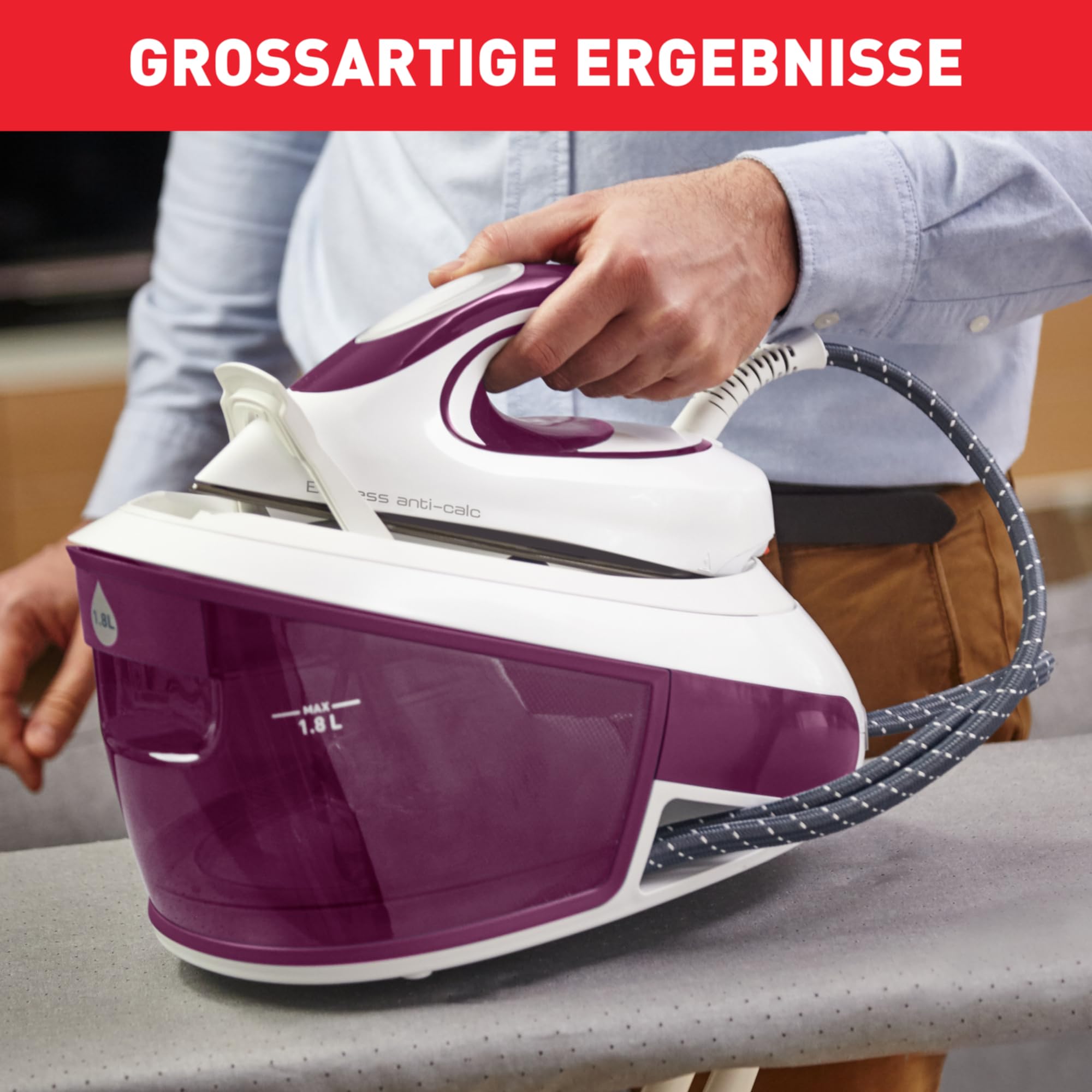 Tefal Express Anti-Kalk Dampfbügelstation, 2800 W, 6,5-Bar, Anti-Kalk-Kollektor, optimale Dampf-/Temperaturkombination, automatische Abschaltung, 1,8 L Wassertank, weiß/violett, SV8054