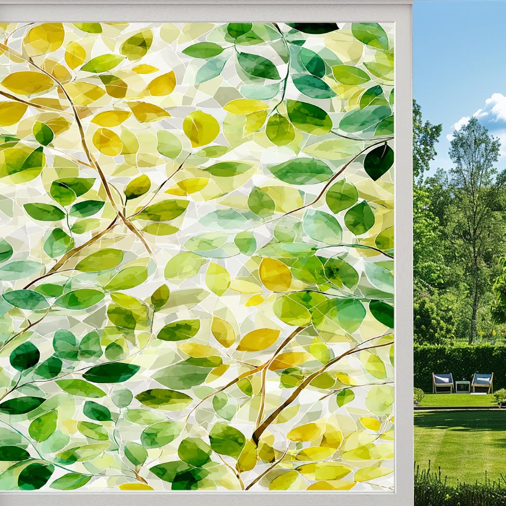 Fresh Green Leaves Stained Glass Window Film, Sunshine Gradient Leaf Peel and Stick Privacy Film, Frosted Adhesive Vinyl Decorative for Bathroom Windows Glass Doors, （70x100cm）
