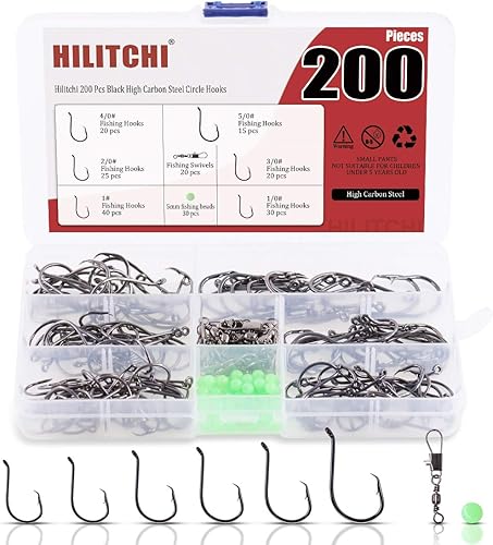 Hilitchi 200 ganchos de pesca de 6 tamaños, diseño de punto compensado en acero de alto carbono, ganchos circulares para pesca de agua salada y agua