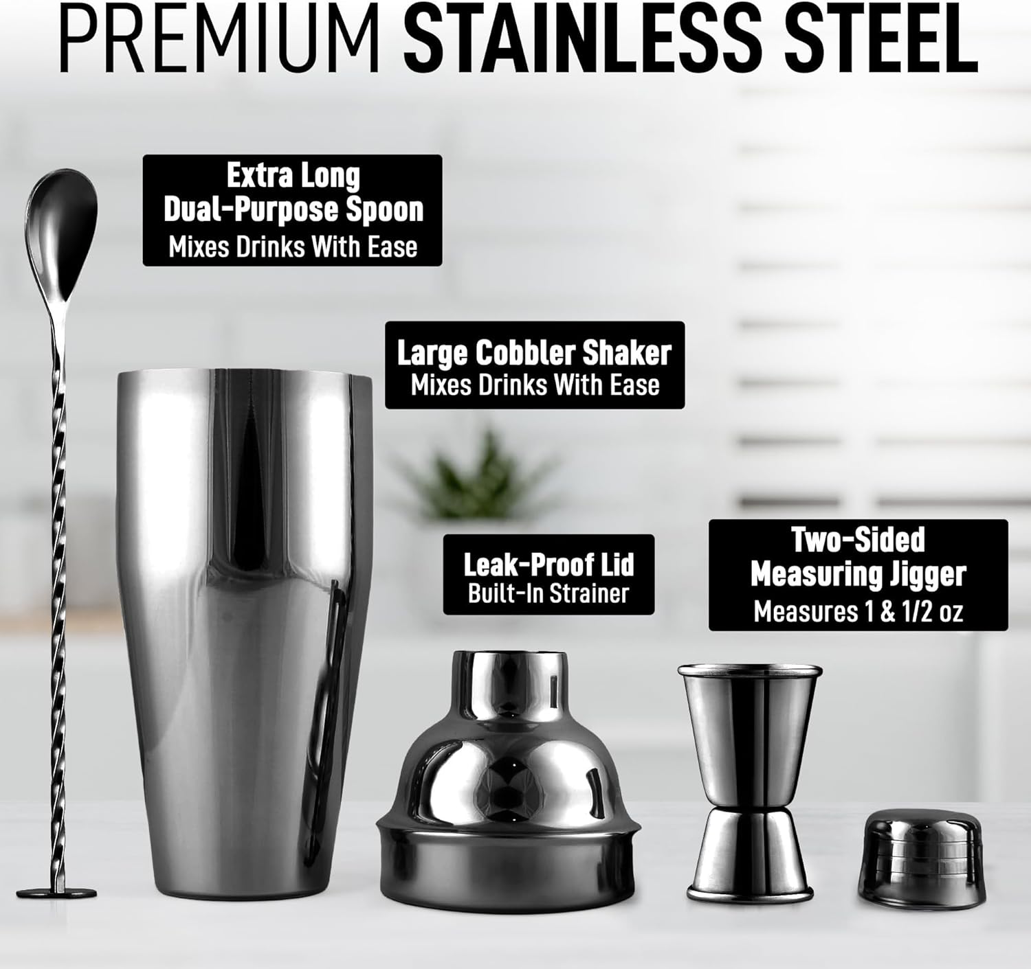 Large 24 oz Stainless Steel Cocktail Shaker Set - Mixed Drink Shaker - Martini Shaker Set with Built in Strainer, Double Sided Jigger & Combo Muddler Mixing Spoon - Pro Margarita Shaker - By Zulay