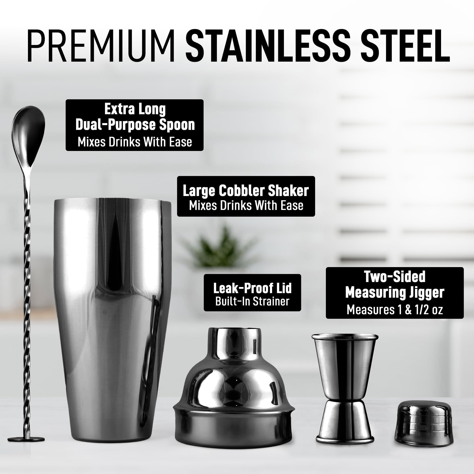 Zulay Cocktail-Shaker-Set (680 ml) – Professioneller Getränke-Shaker, Jigger & Cocktail-Löffel-Set – Premium Edelstahl Martini Shaker – Rostfreier Bar-Shaker mit Cocktail-Rezeptbroschüre (schwarz)