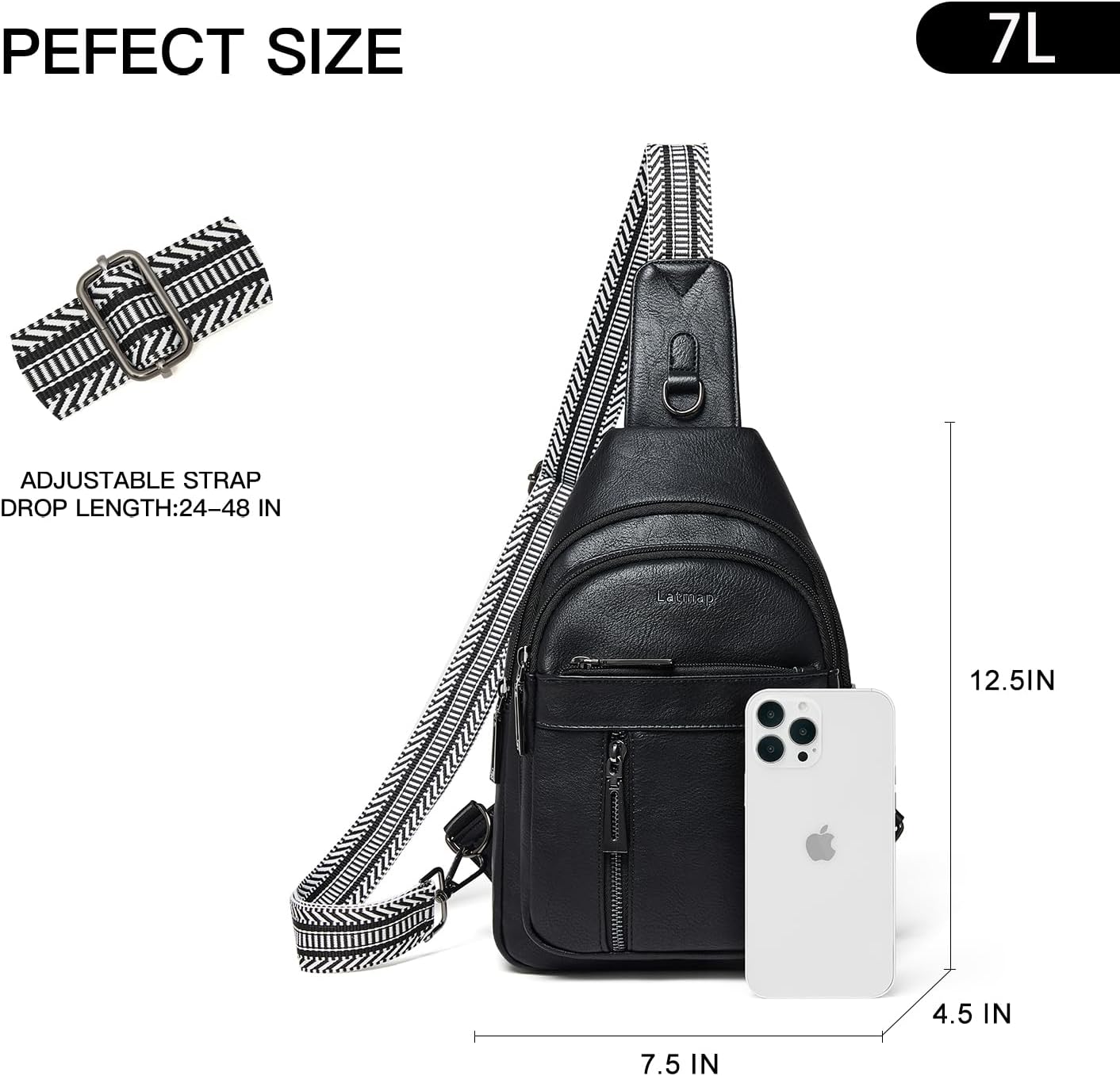 LATMAP 7L Sling Bag For Women Men Backpack Fanny Pack Crossbody Chest Travel Shoulder Belt Bags Purse Handbag PU Leather