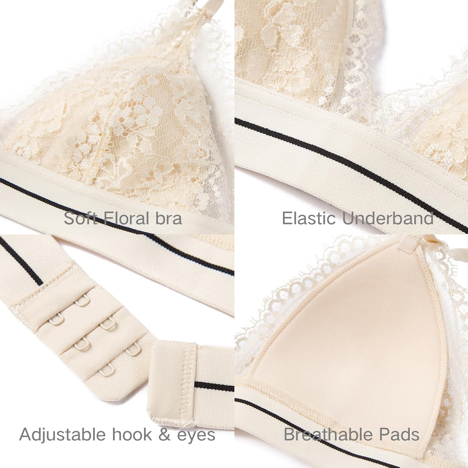 Floral Lace Bralette, Comfort Wireless Triangle Padded Bralette for A-BCup - Image 6