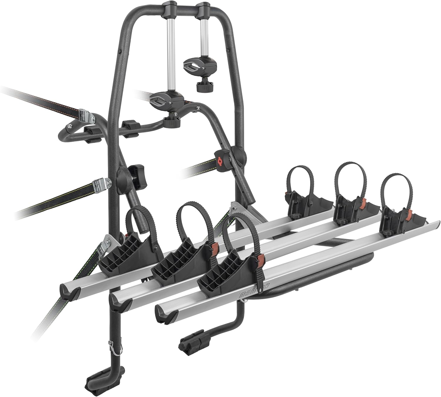 Side view of the MENABO Stand Up 3 Bike Rack with securing straps