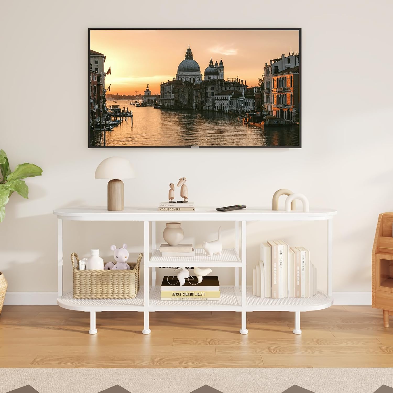TV Stand for Entertainment Center - TV Stands Table for Living Room - Small TV Console Table for Bedroom - Metal Television Stand with Storage Shelf - White