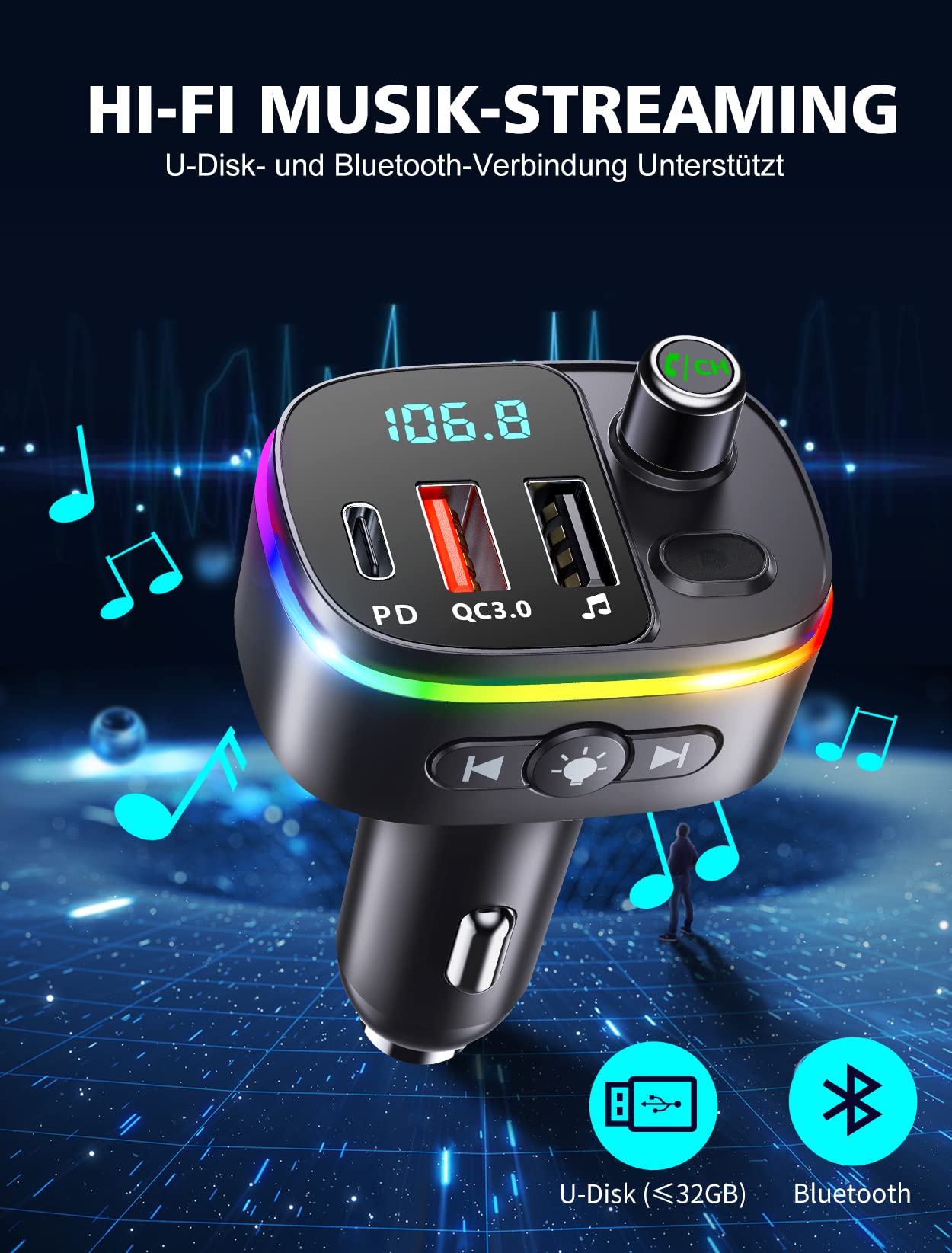 Mohard FM Transmitter Auto Bluetooth 5.0, PD 18W & QC3.0 Adapter , 9 RGB Beleuchtungsmodi, 3 USB Anschlüsse Auto Ladegerät mit Freisprechfunktion, Siri Google Assistant und USB-Disk