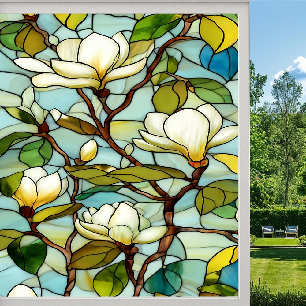 Pmlbaous Dreamy Flowers Frosted Window Film, Natural Magnolia Floral Plant Stained Glass Privacy Film, Heat Insulation Self-Adhesive Vinyl For Bathroom Office, （90X140cm）