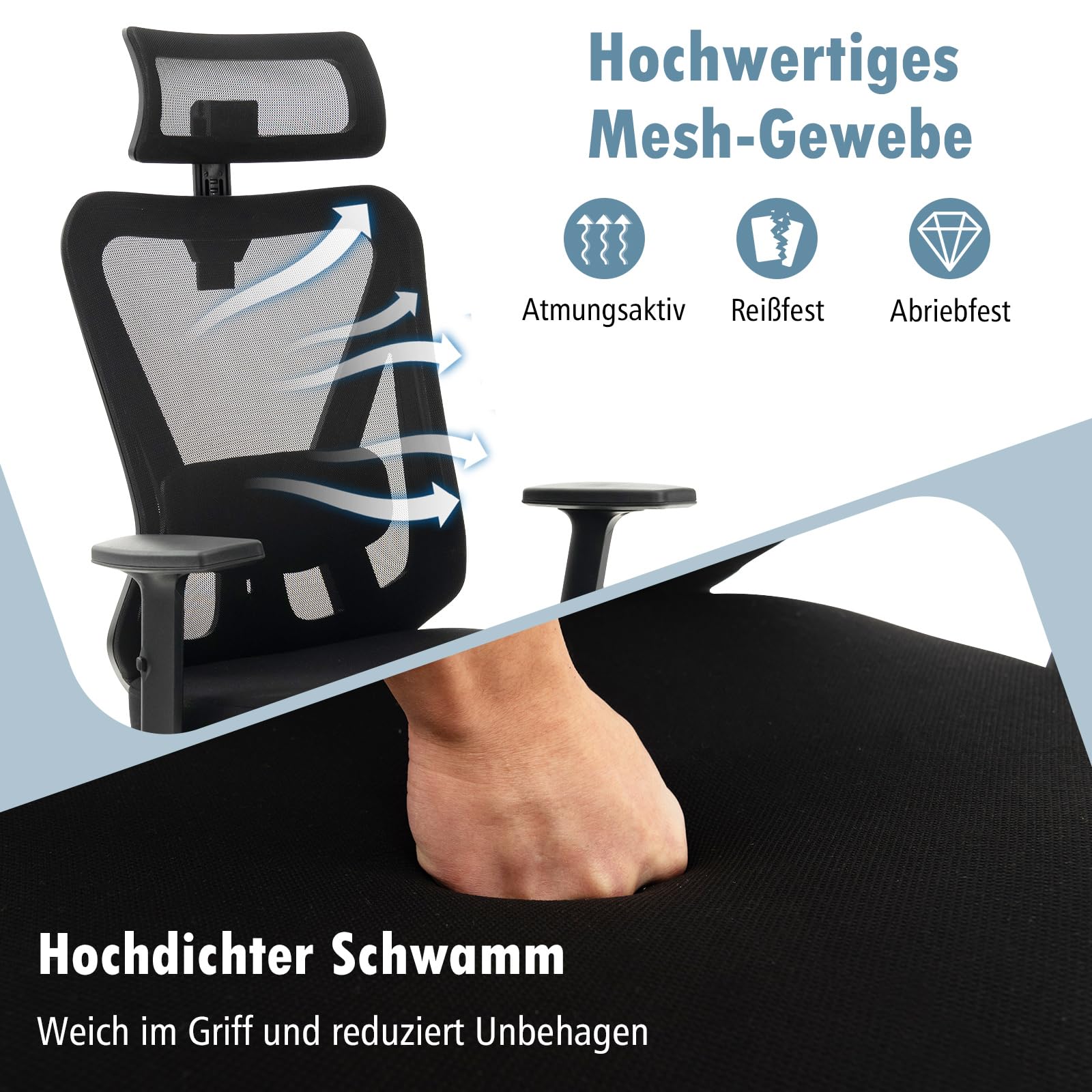 COSTWAY Ergonomiczne krzesło biurowe, krzesło do biurka z regulowanym podparciem lędźwiowym, zagłówkiem, podłokietnikiem i oparciem, krzesło komputerowe z funkcją przechylania, krzesło obrotowe,
