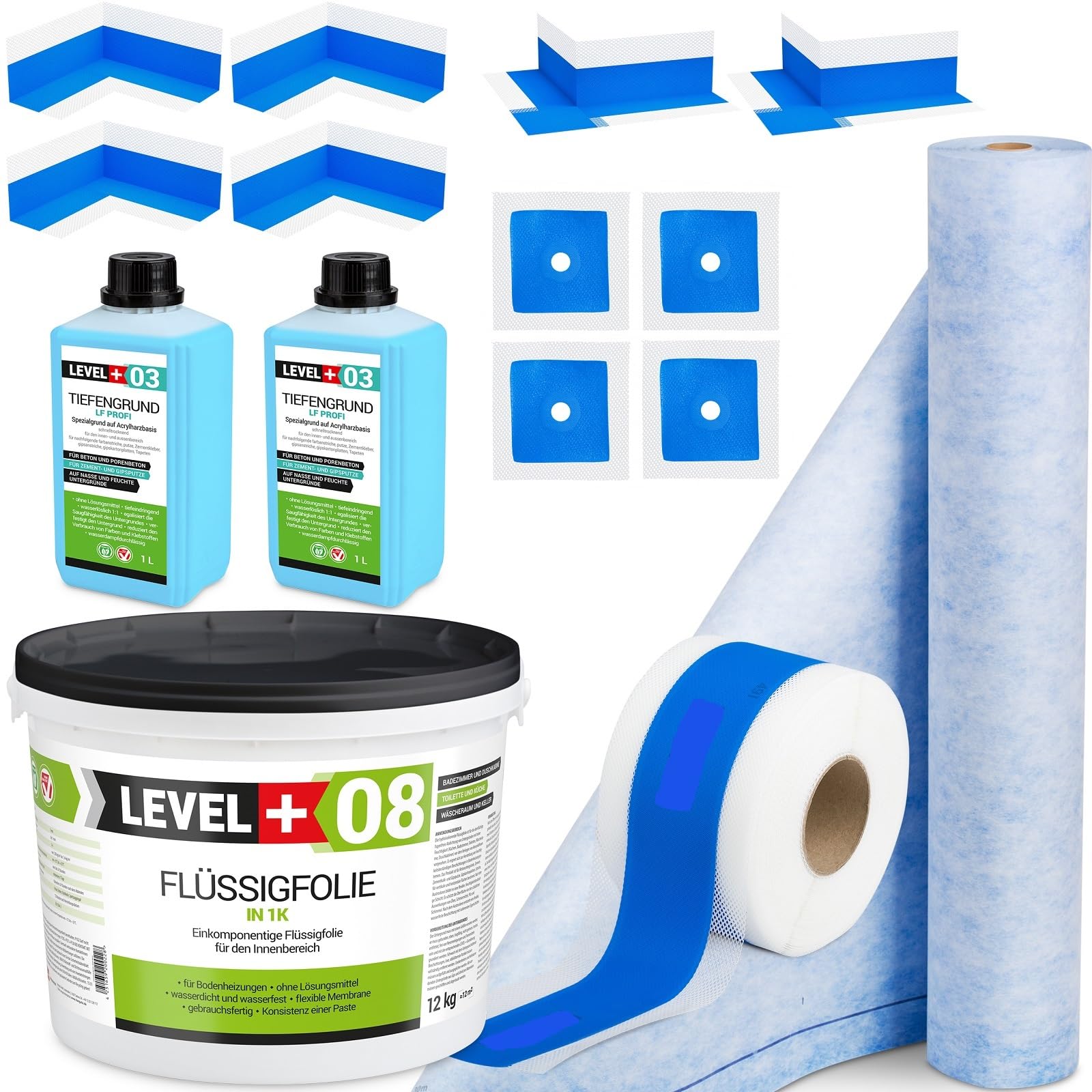 Bad Abdichtungs | Flüssigfolie 12kg, Dichtbahn 2m², Dichtband 20m, 4x Innenecken, 2x Außenecke, 4x Wandmanschetten, Tiefengrund 2L | Dusche, Bad, Küche | SET341