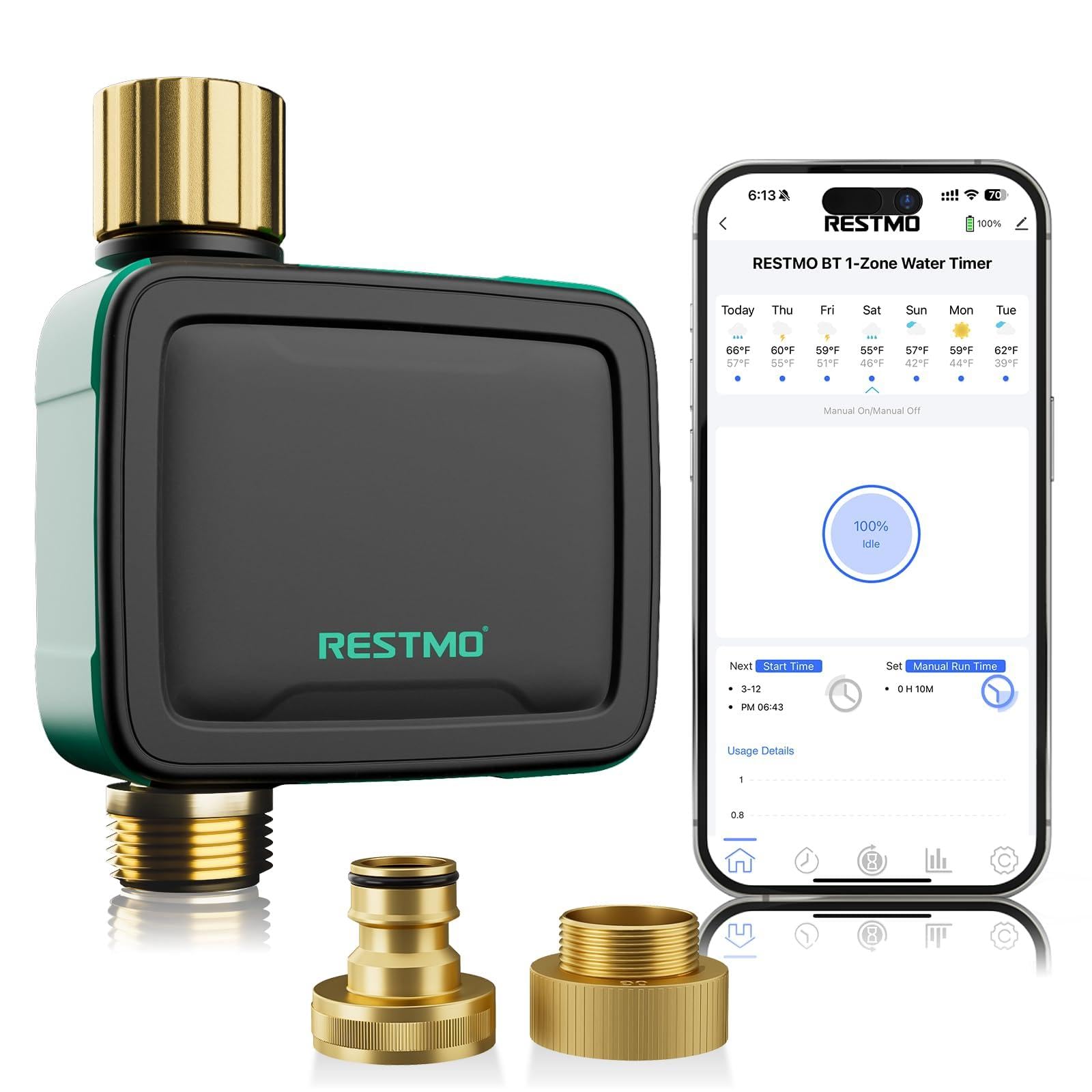 RESTMO Smart Sprinkler Timer with Flow Meter, 1 Zone Water Timer for Garden Hose, Brass Inlet & Outlet, Automatic Lawn & Yard Irrigation Watering System (Bluetooth Connection, Not Include Hub)