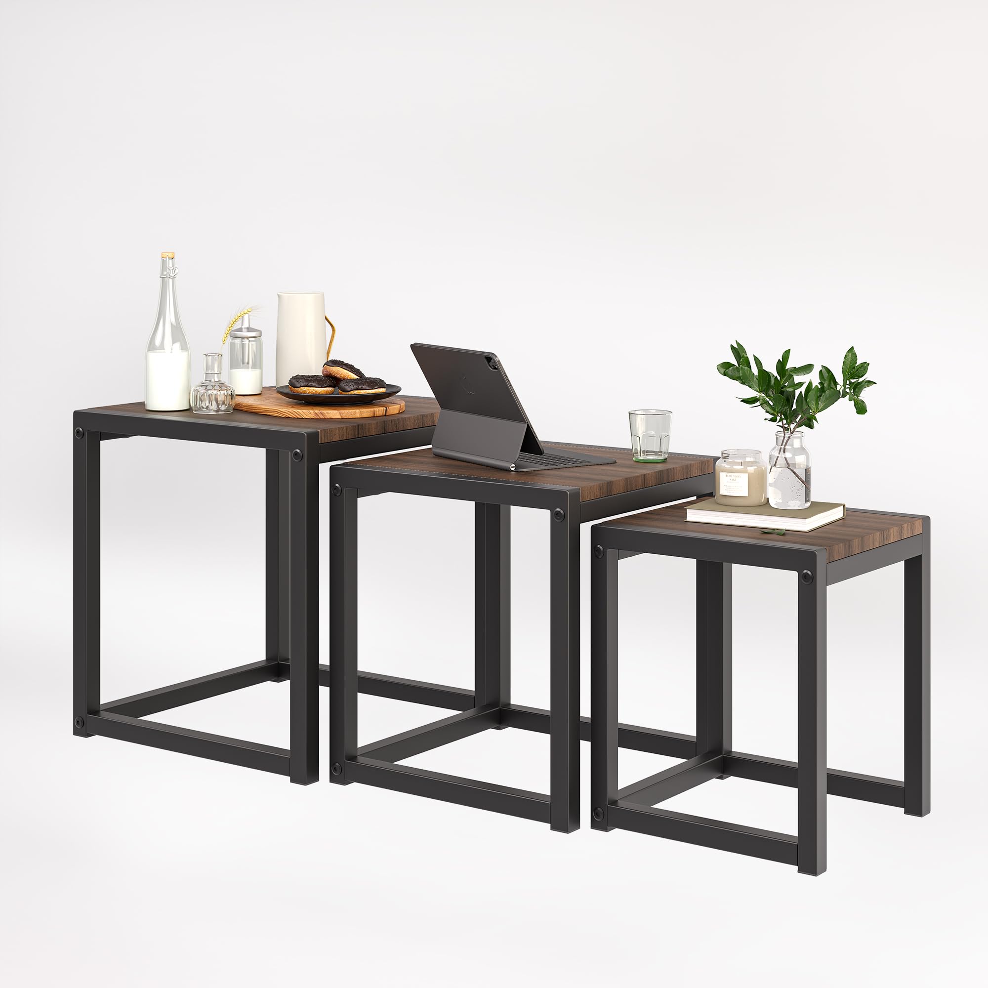 Tables basses gigognes pour salon et chambre avec cadre métal noir
