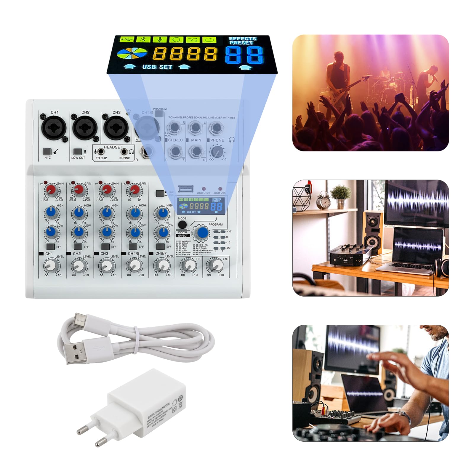 7 Kanal Stereo Live Mischpulte mit 88 digitale Effektprozessor, Professioneller Audio Sound Mixer mit Bluetooth und USB Schnittstelle, 48V Phantomspeisung DJ Stereo Sound Mischpult mit Farbdisplay