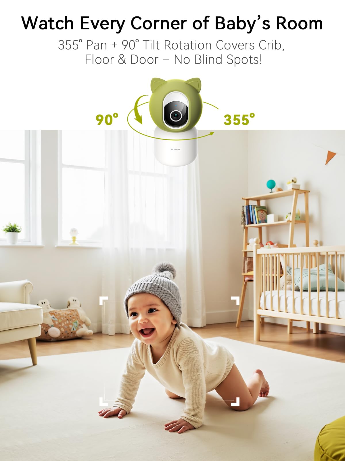 Outinput Moniteur de bébé intelligent 2K 4MP – Moniteur de bébé PTZ WiFi à 355° avec caméra et vision nocturne, détection de pleurs, détecteur de mouvement et suivi, rappel d'alimentation