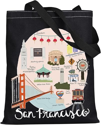 Vista 8 de LEVLO San Francisco Trip Tote Bag San Francisco Golden Souvenir Gift San Francisco Bolsa de comestibles reutilizable San Francisco Merch Bolso tote