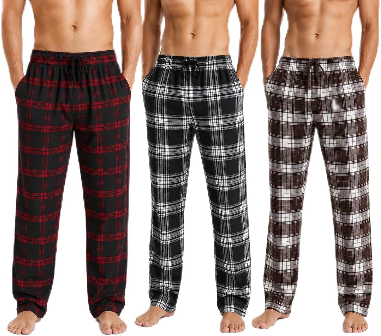 3 Pack Mens Flannel Pajama Pants - Plaid Lounge Pants for Men, Soft Cotton Pajama Bottoms