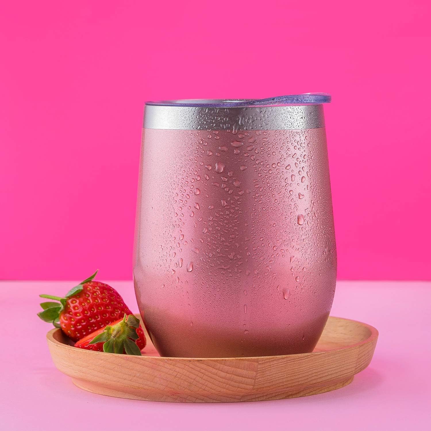 CHILLOUT LIFE 12 oz Stainless Steel Wine Tumbler with Lid - Double Wall Vacuum Insulated Wine Cup Glass Keeping Cold & Hot for Coffee, Champagne, Cocktails, Ice Cream - Rose Gold