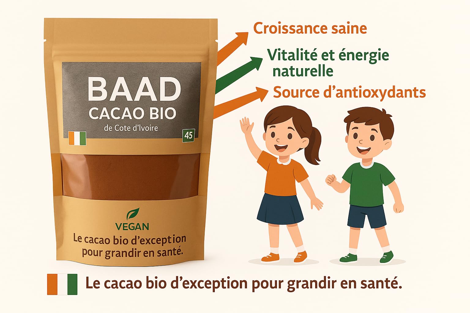 Cacao en Poudre Bio 250g – Pur & Naturel | Sans Sucre, Sans Gluten, Vegan | Origine Côte d’Ivoire | Sachet Zippé Fraîcheur | Superaliment Premium pour Boissons, Smoothies & Recettes