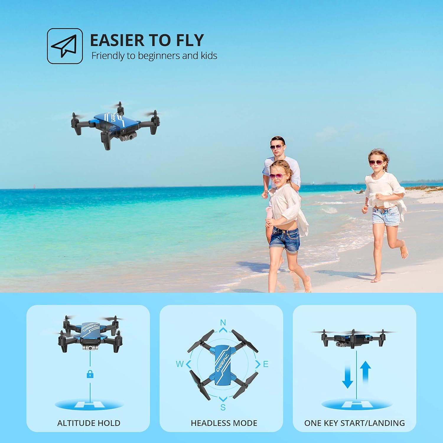 DEERC D20 Mini Drone with Camera for Kids, Remote Control Toys Gifts for Boys Girls with Voice Control, Gestures Selfie, Altitude Hold, Gravity Control, One Key Start, 3D Flips 2 Batteries, Blue : Toys & Games