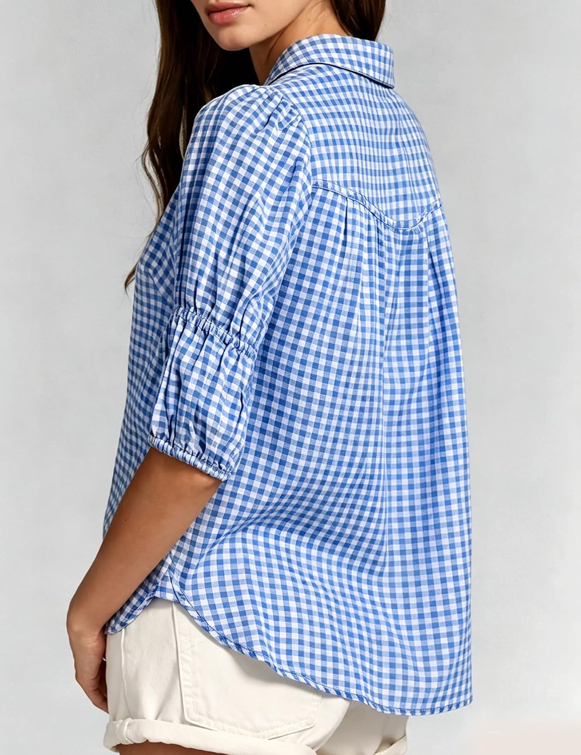 Wyeysyt Womens Gingham Shirts Cotton Blouse Plaid Puff Sleeve Button Tops