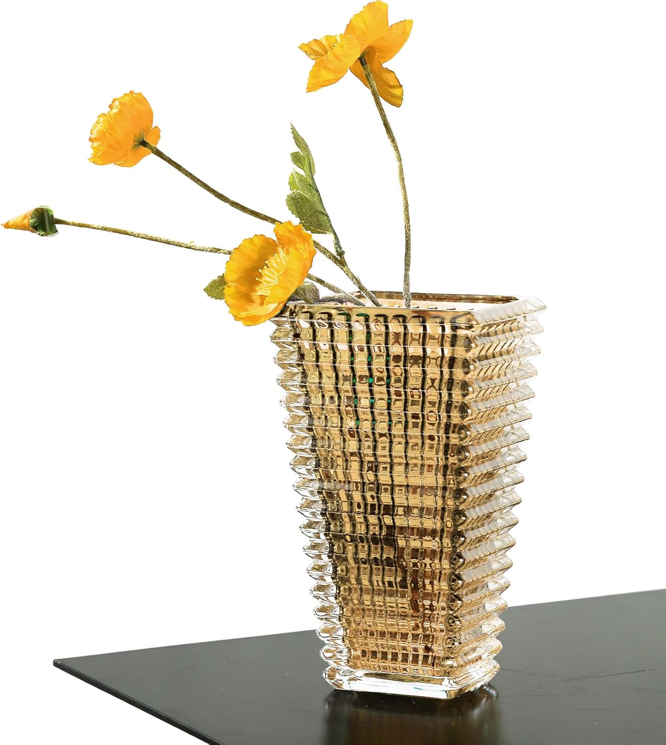 Crystal Glass Vase,Amber Square Block Flower Vase Decor for